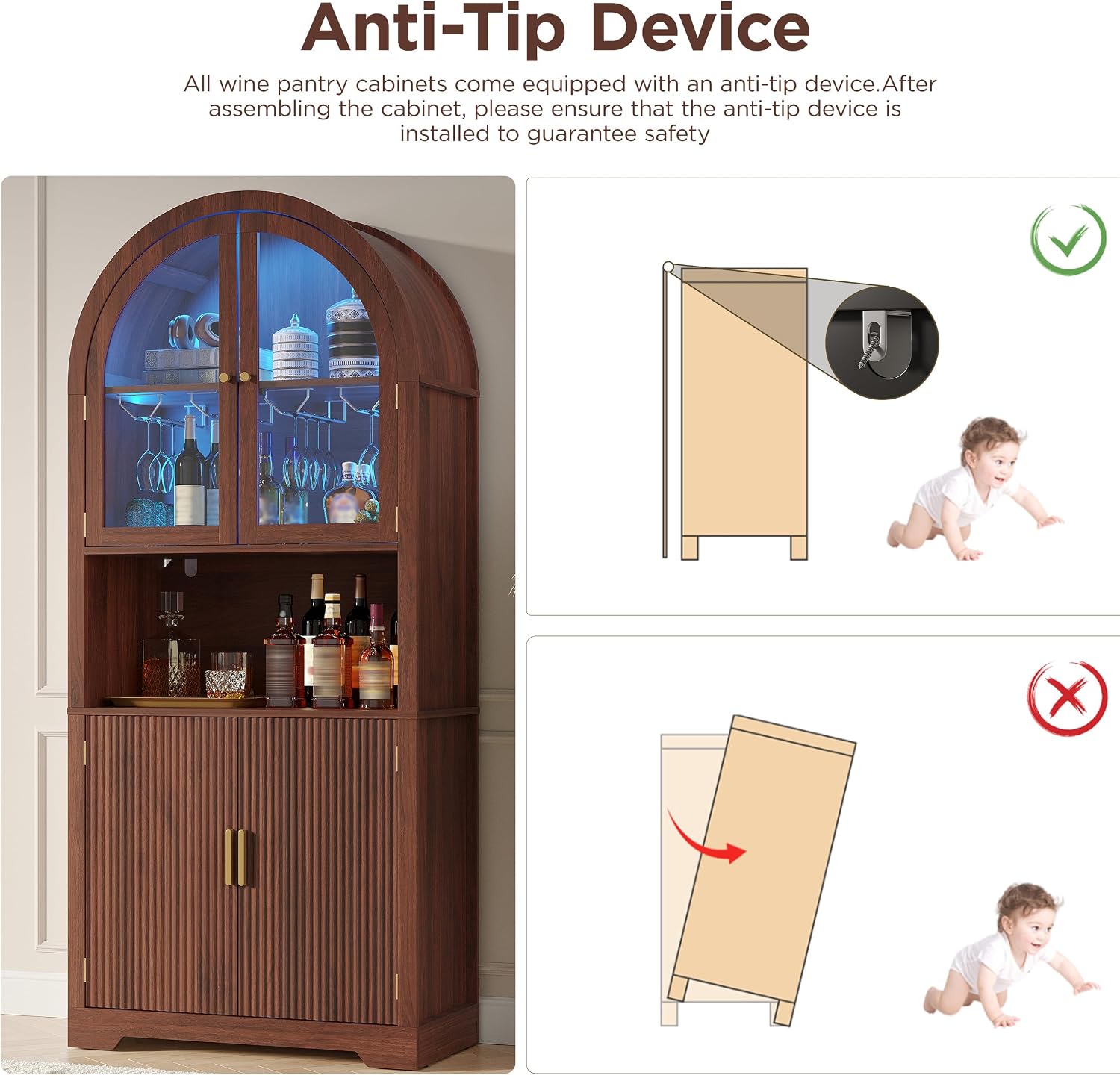 Maupvit 70' Tall Arched Wine Bar Cabinet with LED Light, Fluted Coffee Bar Cabinets with Stemware Rack, Kitchen Pantry Cupboard with Glass Doors, Liquor Cabinet for Home, Dining Room (Walnut)