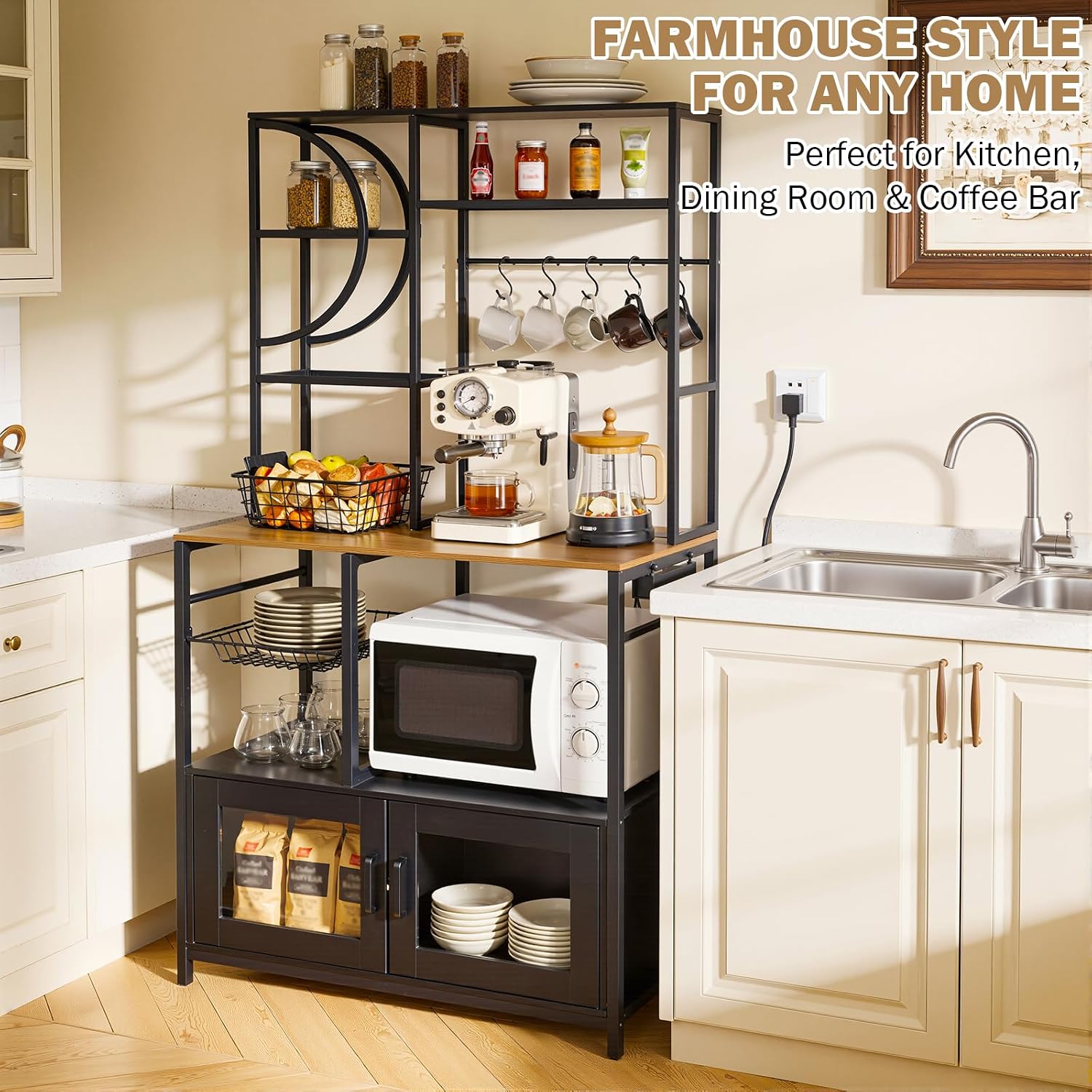 Uieke Bakers Rack with Power Outlet and Storage, Kitchen Bakers Rack with Cabinet & 10 Hooks, Coffee Bar Cabinet, Microwave Stand, 5 Tiers Kitchen Storage Rack for Dining Room & Small Spaces, Black