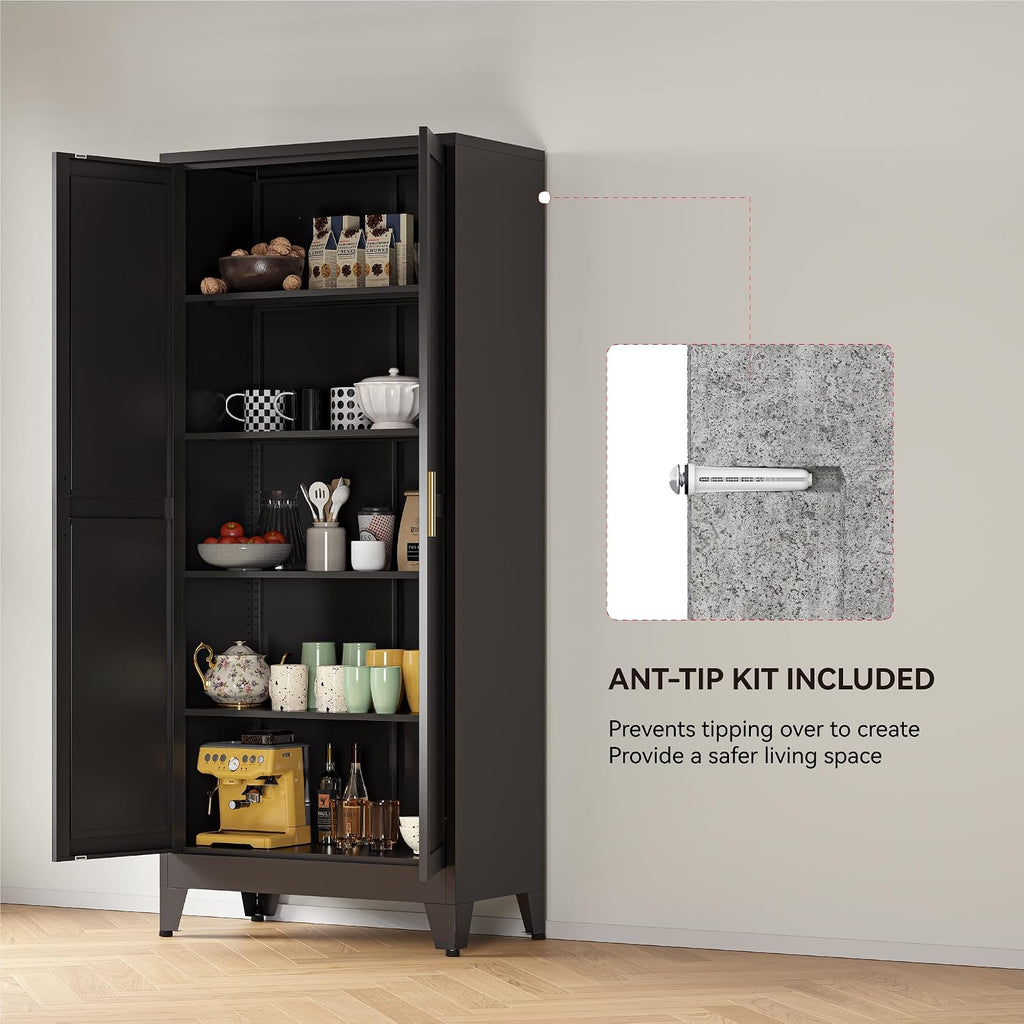 YAUWOH 71''Metal Cabinet with 4 Adjustable Shelves,5-Tier Pantry Storage Cabinet,Kitchen Pantry Cabinet for Living Room,Dining Room, (1PC,Black)