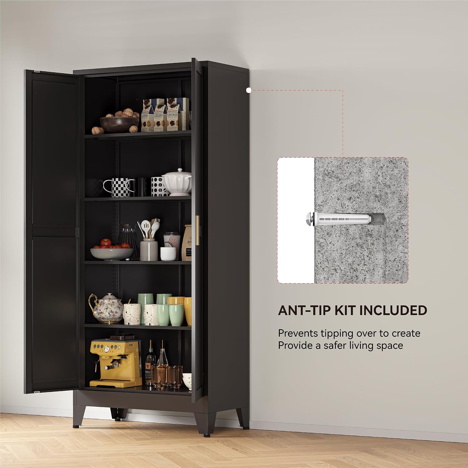 YAUWOH 71''Metal Cabinet with 4 Adjustable Shelves,5-Tier Pantry Storage Cabinet,Kitchen Pantry Cabinet for Living Room,Dining Room, (1PC,Black)