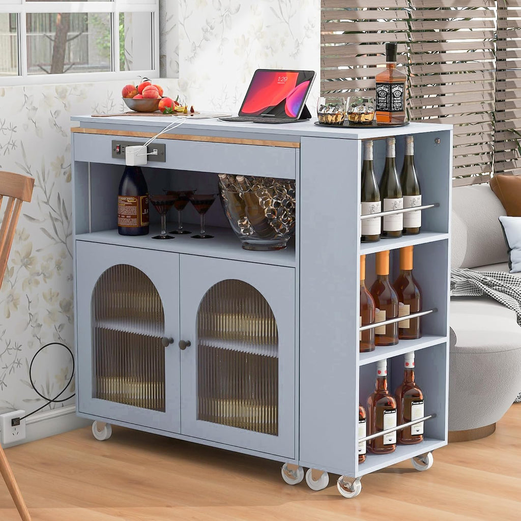 Rolling Kitchen Island Set with Extended Table LED Lights Power Outlets 2 Fluted Glass Doors a Storage Compartment, Side 3 Open Shelves for Dining Room Kitchens Living Room Grey Blue