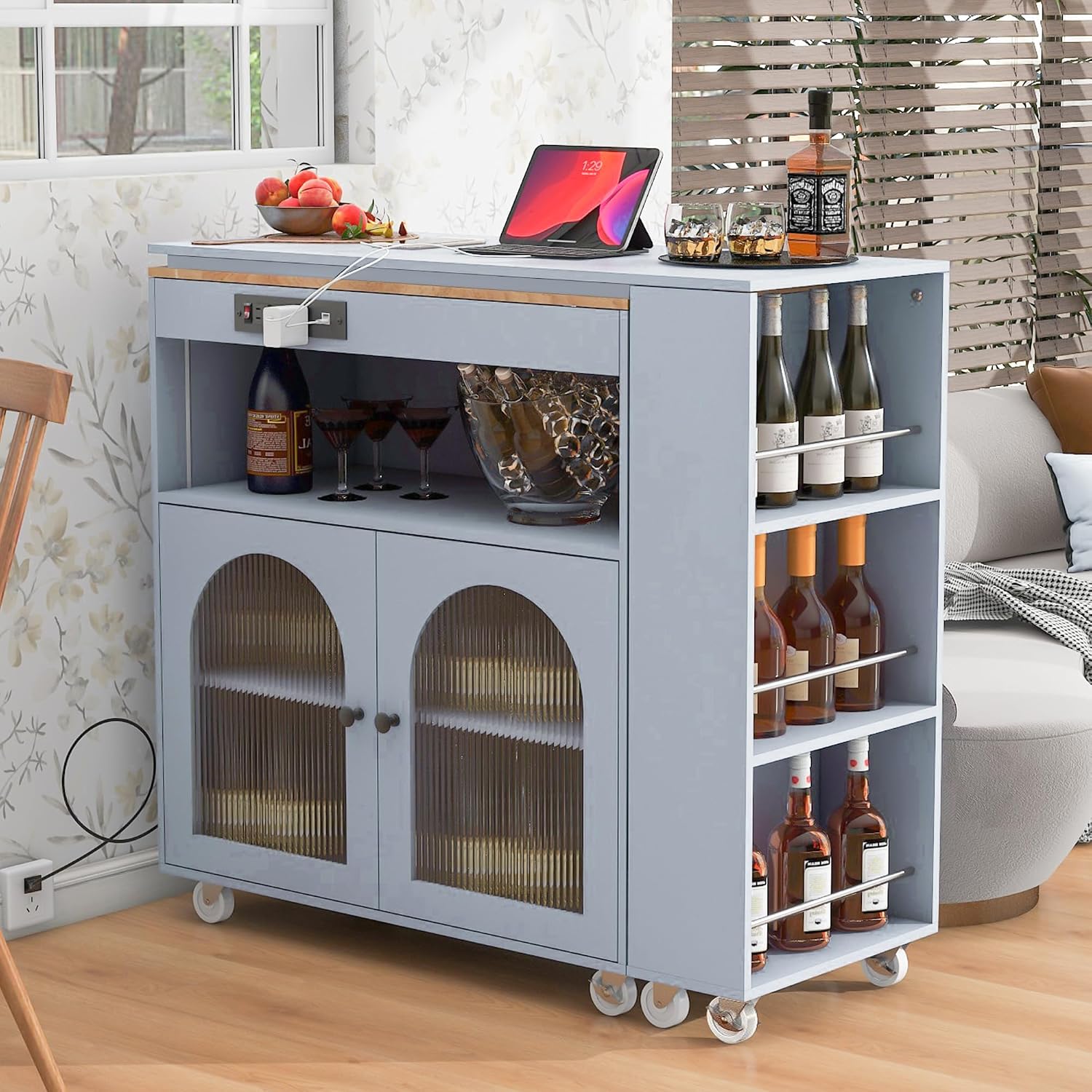 Rolling Kitchen Island Set with Extended Table LED Lights Power Outlets 2 Fluted Glass Doors a Storage Compartment, Side 3 Open Shelves for Dining Room Kitchens Living Room Grey Blue
