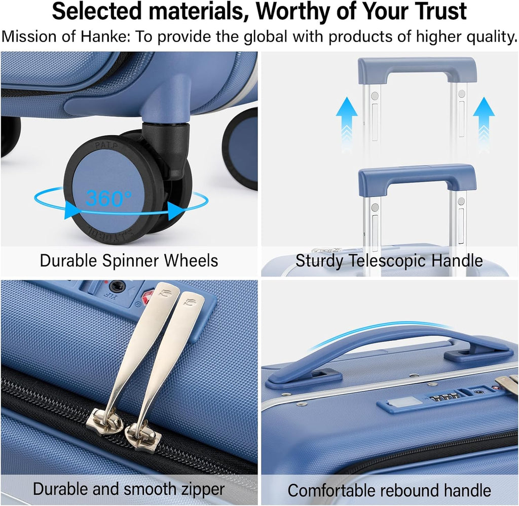 Hanke 24 Inch Checked Luggage with Cup Holder and USB Ports,Top Opening Hard Shell Suitcase with Wheels,Aluminum Frame Trunk Luggage with Foldable Dividers & TSA Lock for Travel, Interstellar Blue