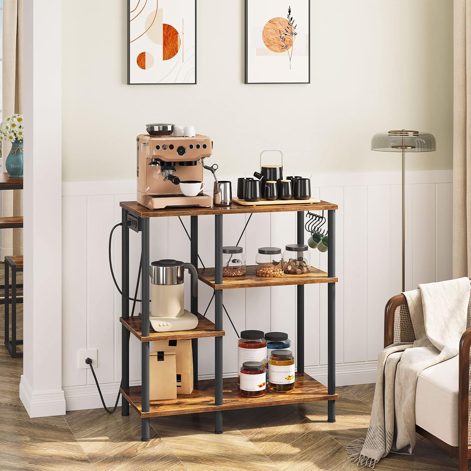 HOOBRO Bakers Rack with Power Outlet and Microwave Stand with 5 S-Shaped Hooks, 35.4 Inches Coffee Bar with Mesh Basket, Coffee Bar Kitchen Storage Shelf, Rustic Brown and Black BF05HB01-BF07UHB01