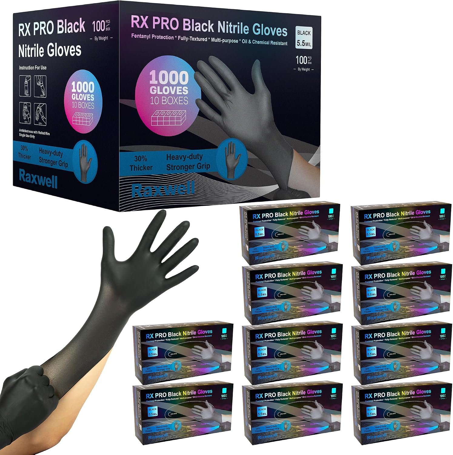 Raxwell Disposable Nitrile Gloves - Latex-Free Design - Puncture-Resistant Medical Gloves - Textured Grip for Food Prep