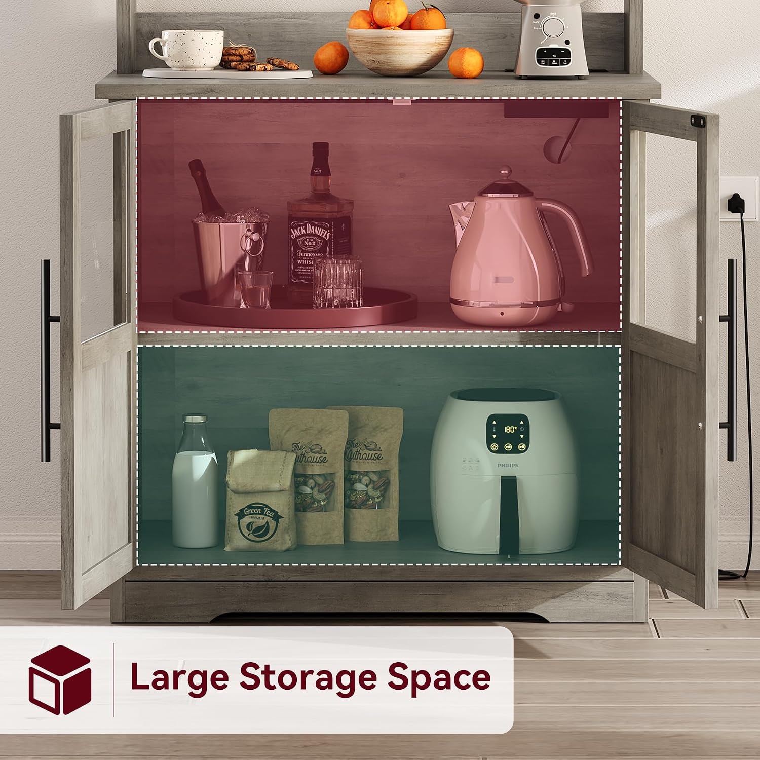 Farmhouse Bakers Rack with Charging Station, 63' Coffee Bar Cabinet with Glass Door Storage Cabinet & 3 Open Shelves, Wooden Kitchen Pantry Organizer Microwave Stand for Dining Room, Gray