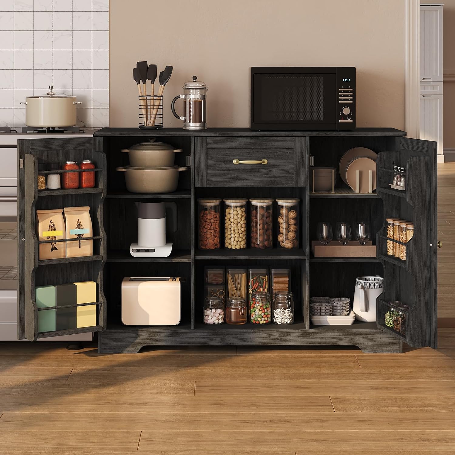 Gizoon 45' Coffee Bar Cabinet with Door and Shelves Kitchen Hutch with Countertop, Kitchen Buffer Cabinet with Storage for Bedroom and Living Room, Black