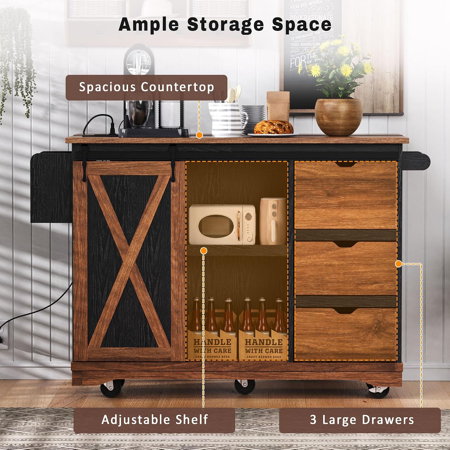 55.5' Farmhouse Kitchen Island with Drop Leaf, Kitchen Storage Island with Barn Door, Power Outlet, Rolling Kitchen Cart on Wheels with Spice Rack, for Home, Kitchen, Dining Room (Black)