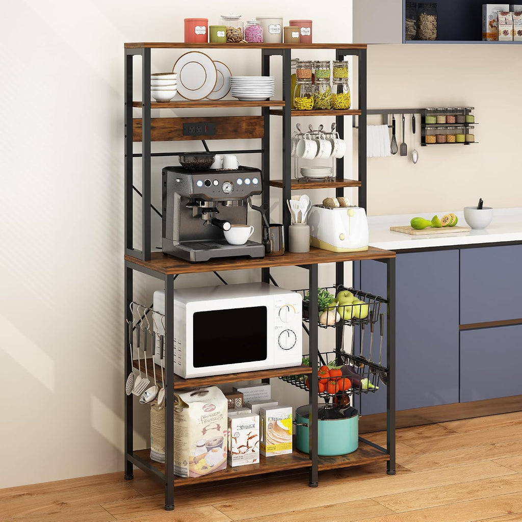 Large Bakers Rack with Power Outlets, 6-Tier Microwave Stand with 10 S Hooks, Kitchen Storage Shelf with Wire Basket, Coffee Bar Station for Kitchen and Dining Room, Rustic Brown