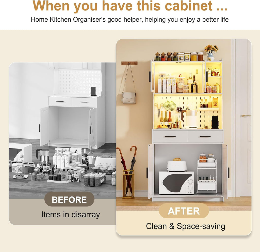 LED Kitchen Pantry Cabinet with Outlets, Farmhouse Storage Cabinet with Drawers & Adjustable Shelves, 64' Cupboard with Pegboard and Hooks for Dining Room (White)