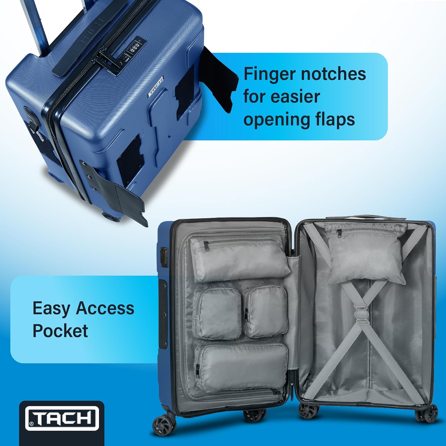 TACH Patented Connecting Hard Shell 3 Piece Luggage Set - 20, 24 & 28 inch Luggage | Carry-On, Medium & Large Rolling Suitcases - Midnight Blue