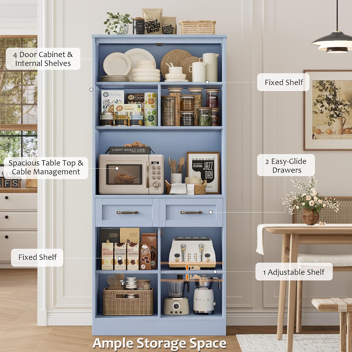 HOSTACK 71' Tall Kitchen Pantry Storage Cabinet, Modern Kitchen Hutch Bar Cabinet with Microwave Stand, Wood Buffet Sideboard with Hutch, Cupboard with Drawers, Shelves for Dining Room, Light Blue