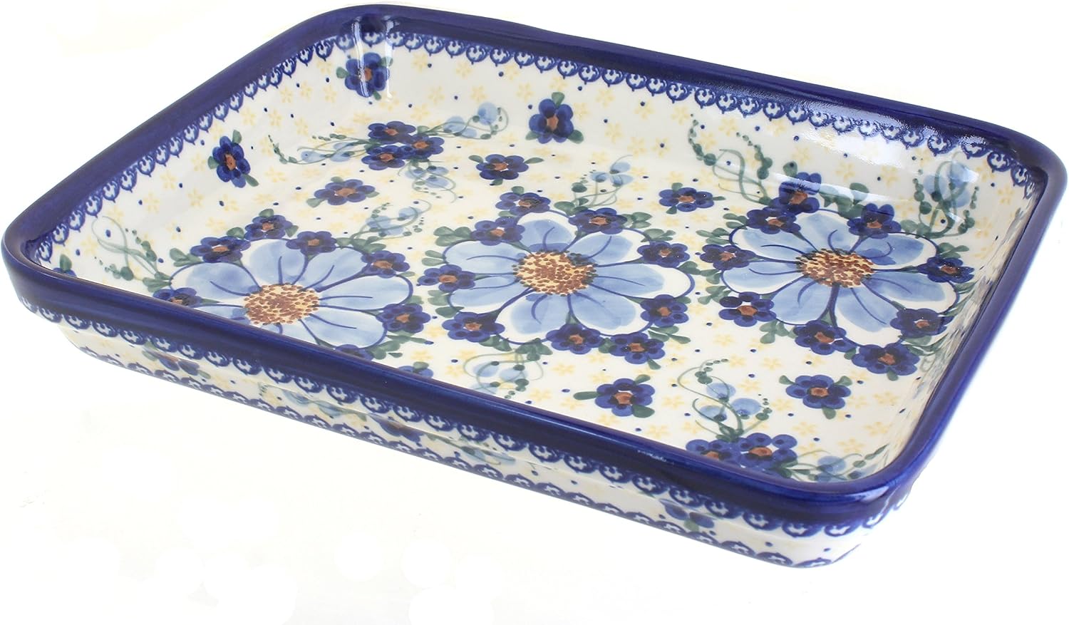 Blue Rose Polish Pottery - Blue Daisy Surprise Medium Rectangular Baker - 12' x 9.25' - Unique, Dishwasher Safe, & Durable Bakeware
