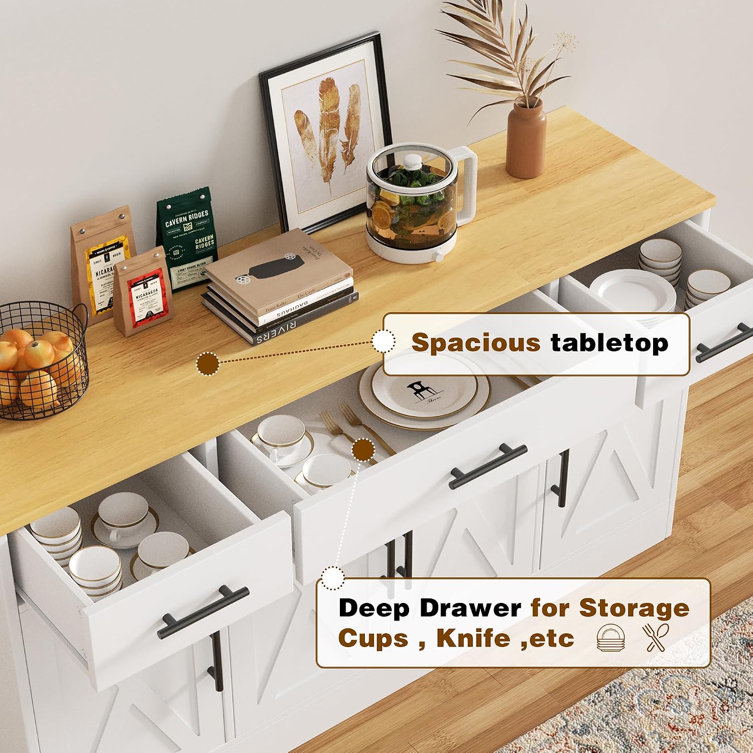 Vongrasig Buffet Cabinet with Storage, Farmhouse Coffee Bar Cabinet with Drawers, 53' Large Modern Sideboard Buffet with Adjustable Shelves for Kitchen, Dining Room, White