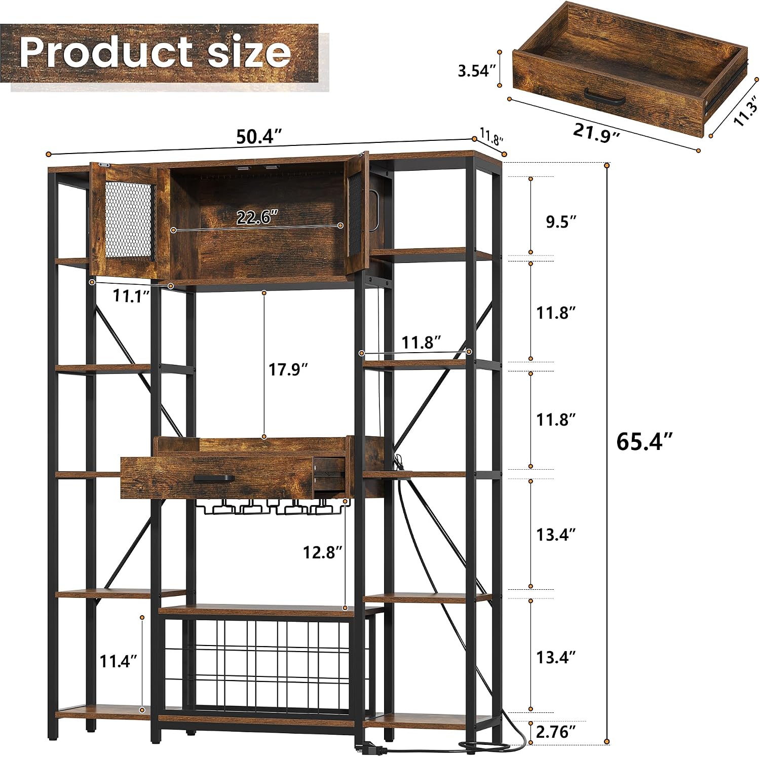 Nosepen 65.35 Inch Large Bakers Rack with Power Outlet and LED Light, 6-Tier Microwave Stand with Doors, Open Countertop and Storage Shelves, Farmhouse Coffee Bar Cabinet Station with Wine Rack, Brown
