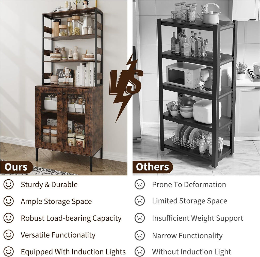 66.9' Bar Cabinet with Power Outlets & LED Lights, Pantry Cabinet with Glass Doors, Kitchen Bakers Rack, Microwave Stand Bakers Rack Cabinet for Dining Room, Living Room, Hallway
