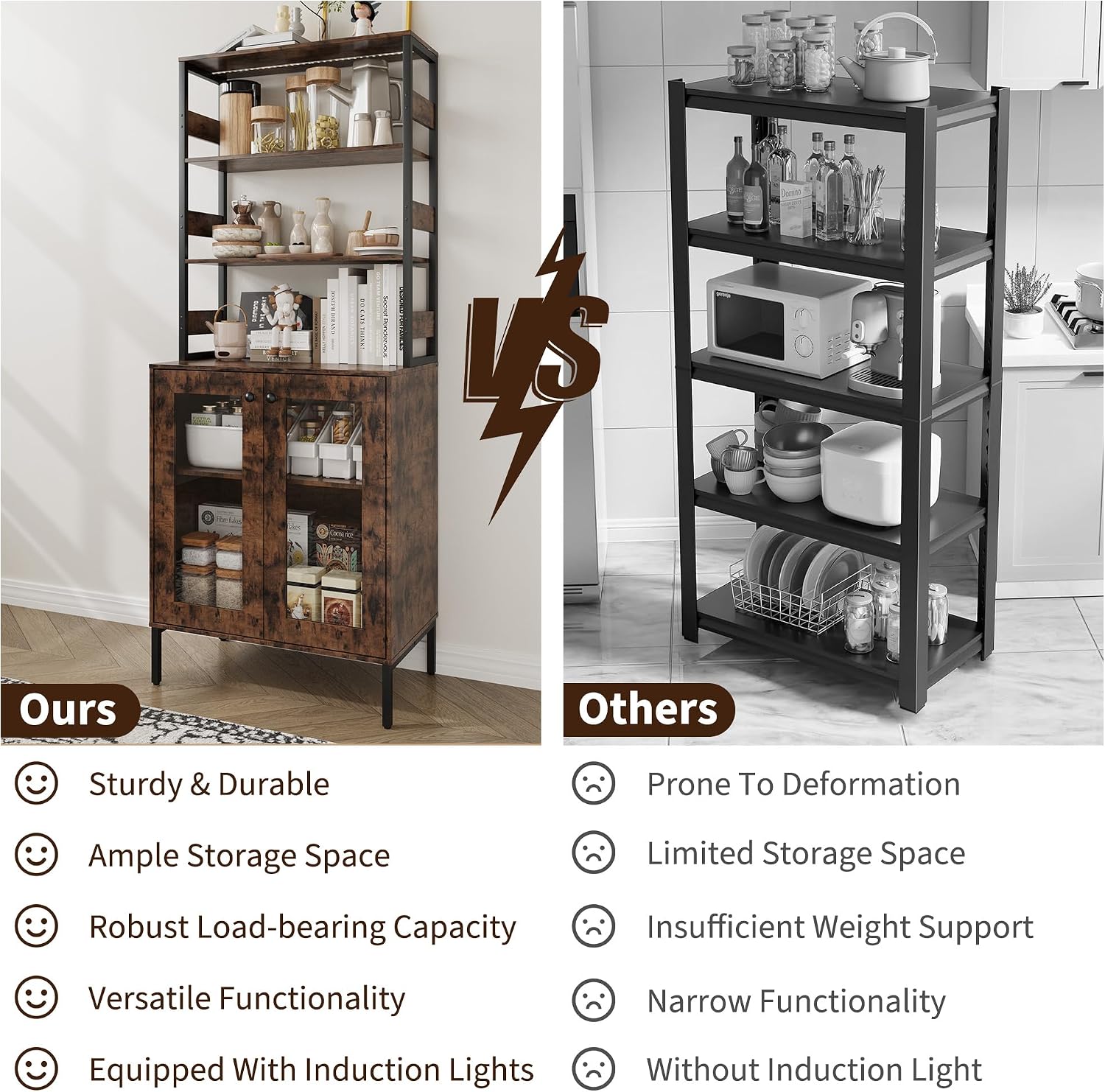 66.9' Bar Cabinet with Power Outlets & LED Lights, Pantry Cabinet with Glass Doors, Kitchen Bakers Rack, Microwave Stand Bakers Rack Cabinet for Dining Room, Living Room, Hallway