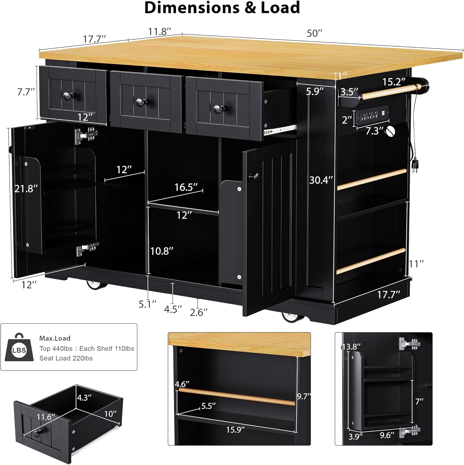 Classic Large Kitchen Island with Drop Leaf, Power Outlet, Door Internal Storage Rack, Rolling Kitchen Storage Cart on 5 Wheels with 5 Open Side Racks, 3 Drawers for Home, Dining Room (Black/Wheels)