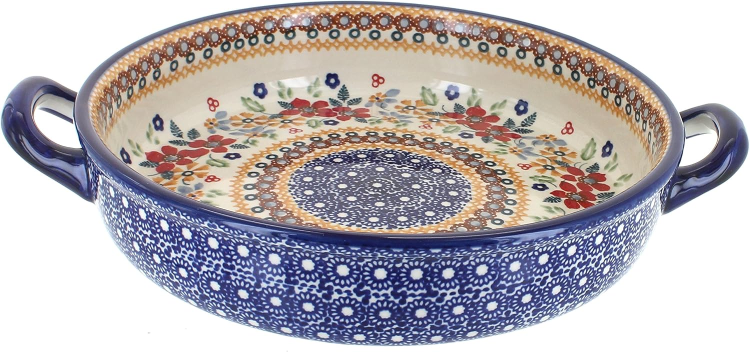 Blue Rose Polish Pottery - Red Daisy Small Round Baker With Handles - 9.5' Diameter - Unique, Dishwasher Safe, & Durable Bakeware
