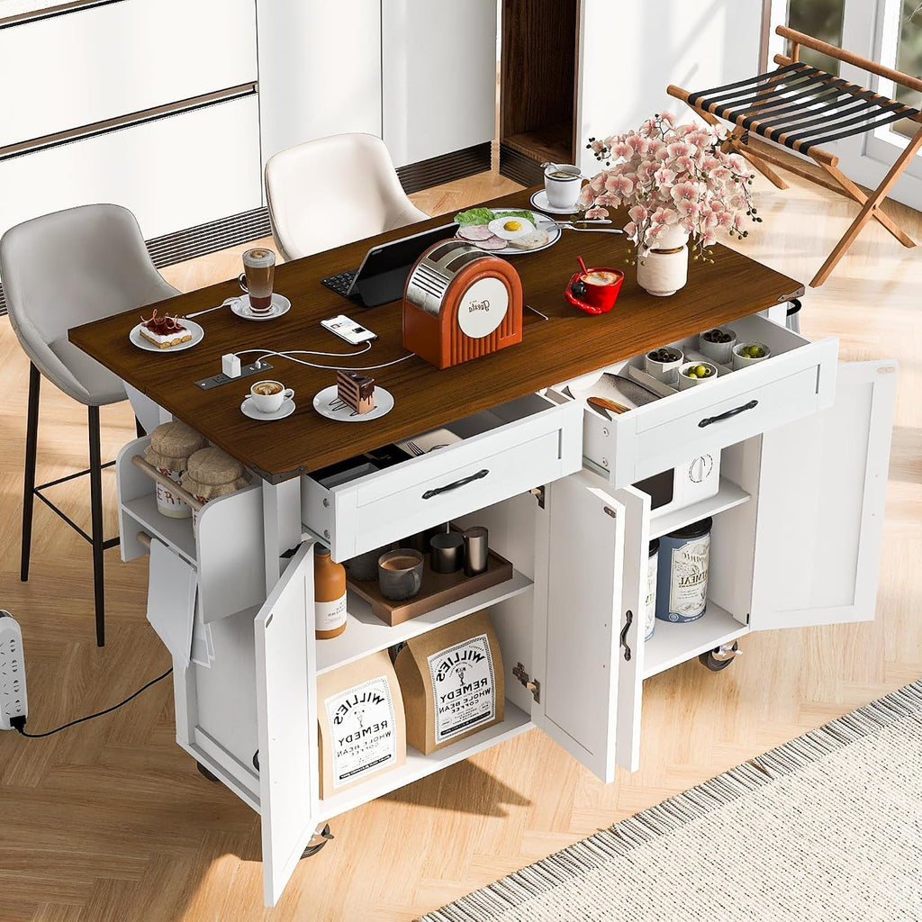 53.5' Farmhouse Rolling Kitchen Island Cart on Wheels with Power Outlet, Kitchen Storage Island with Drop Leaf, Spice Rack and Drawer for Dining Room Kitchens Living Room White