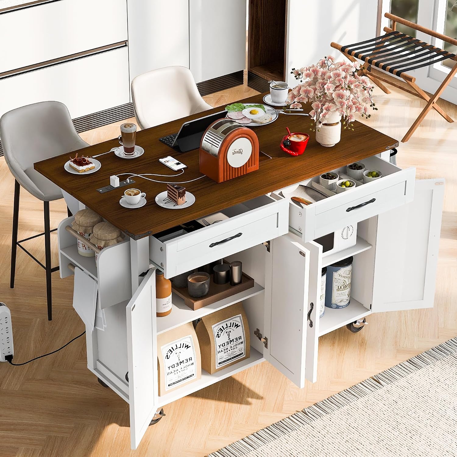 53.5' Farmhouse Rolling Kitchen Island Cart on Wheels with Power Outlet, Kitchen Storage Island with Drop Leaf, Spice Rack and Drawer for Dining Room Kitchens Living Room White