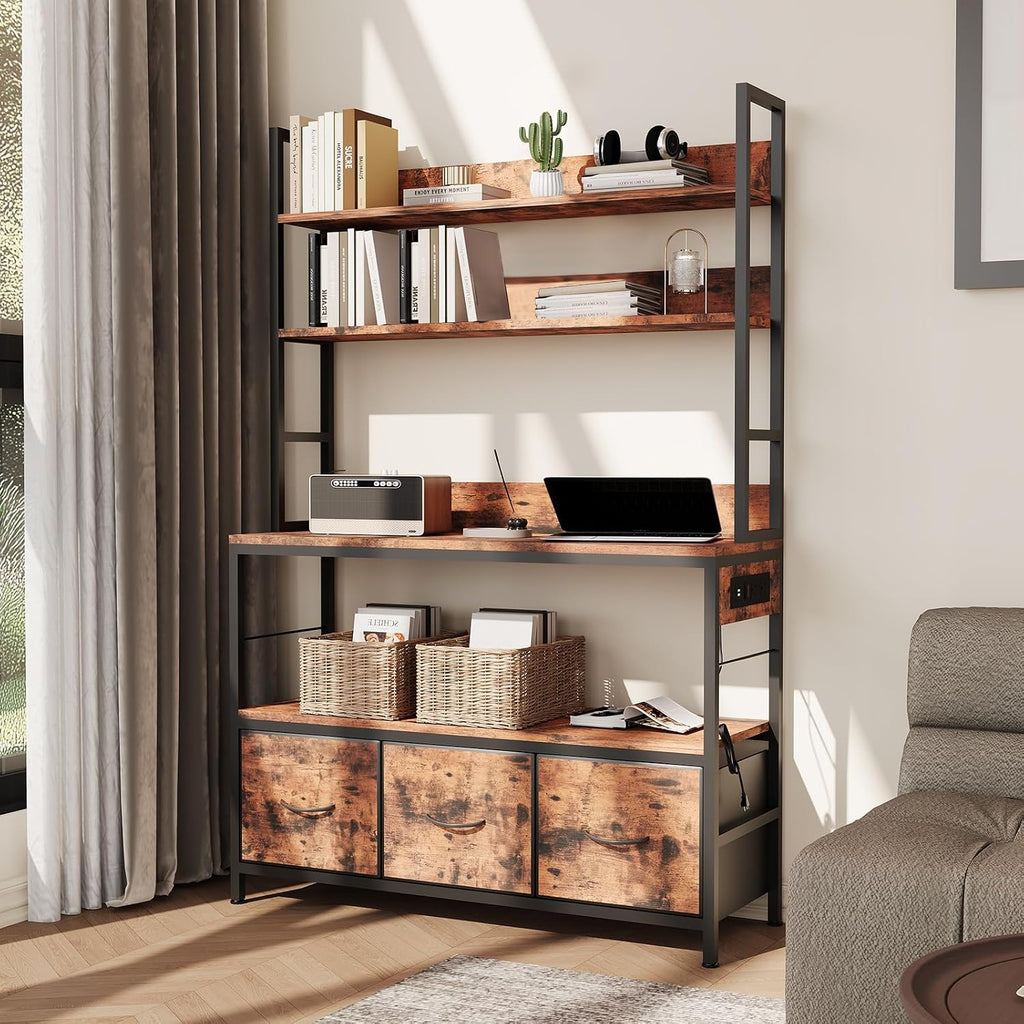 GAOMON 63.4in Bakers Rack with Charging Station, 5-Tier Standing Kitchen Industrial Microwave Oven Stand with Storage Cabinet and 10 Hooks, Rustic Brown