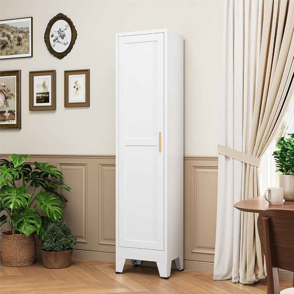 YAUWOH White Narrow Metal Storage Cabinet, Tall Freestanding Cabinet with 4 Adjustable Shelves & Barn Doors, Pantry Organizer for Bathroom Kitchen Home Office Dining Room（1PC,White）