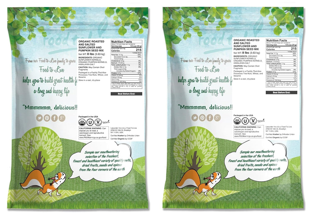 Food to Live Organic Dry Roasted Sunflower and Pumpkin Seed Mix with Himalayan Salt, 16 Pounds – Oven Roasted, Lightly Salted, No Oil, Perfect for Baking and Salads, Vegan, Kosher, Bulk