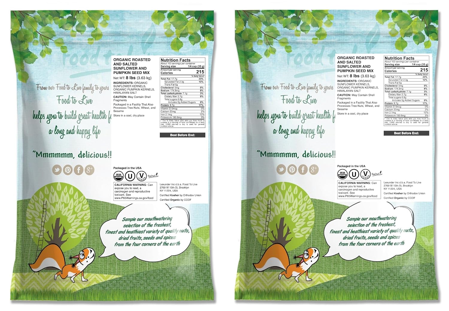 Food to Live Organic Dry Roasted Sunflower and Pumpkin Seed Mix with Himalayan Salt, 16 Pounds – Oven Roasted, Lightly Salted, No Oil, Perfect for Baking and Salads, Vegan, Kosher, Bulk