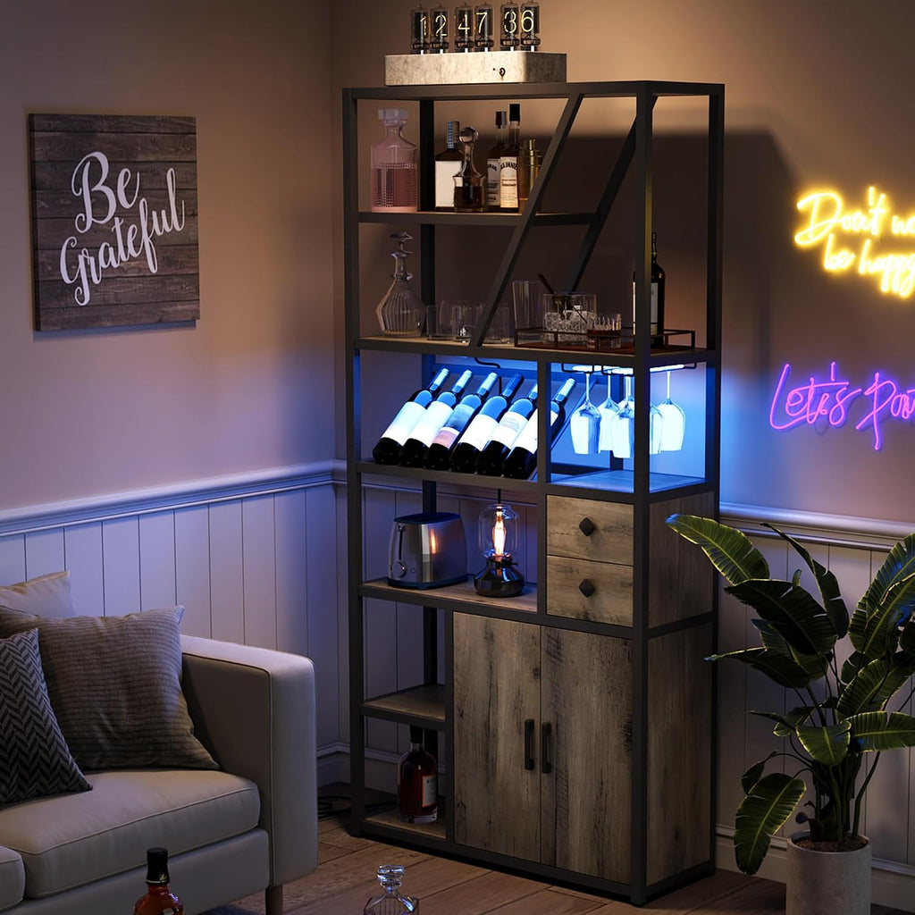 Wine Bar Cabinet with LED Lights, Tall Coffee Bar Station with Power Outlets, Wine Rack, Kitchen Microwave Stand Bakers Rack Cabinet for Living Room - Power Outlets Convenience