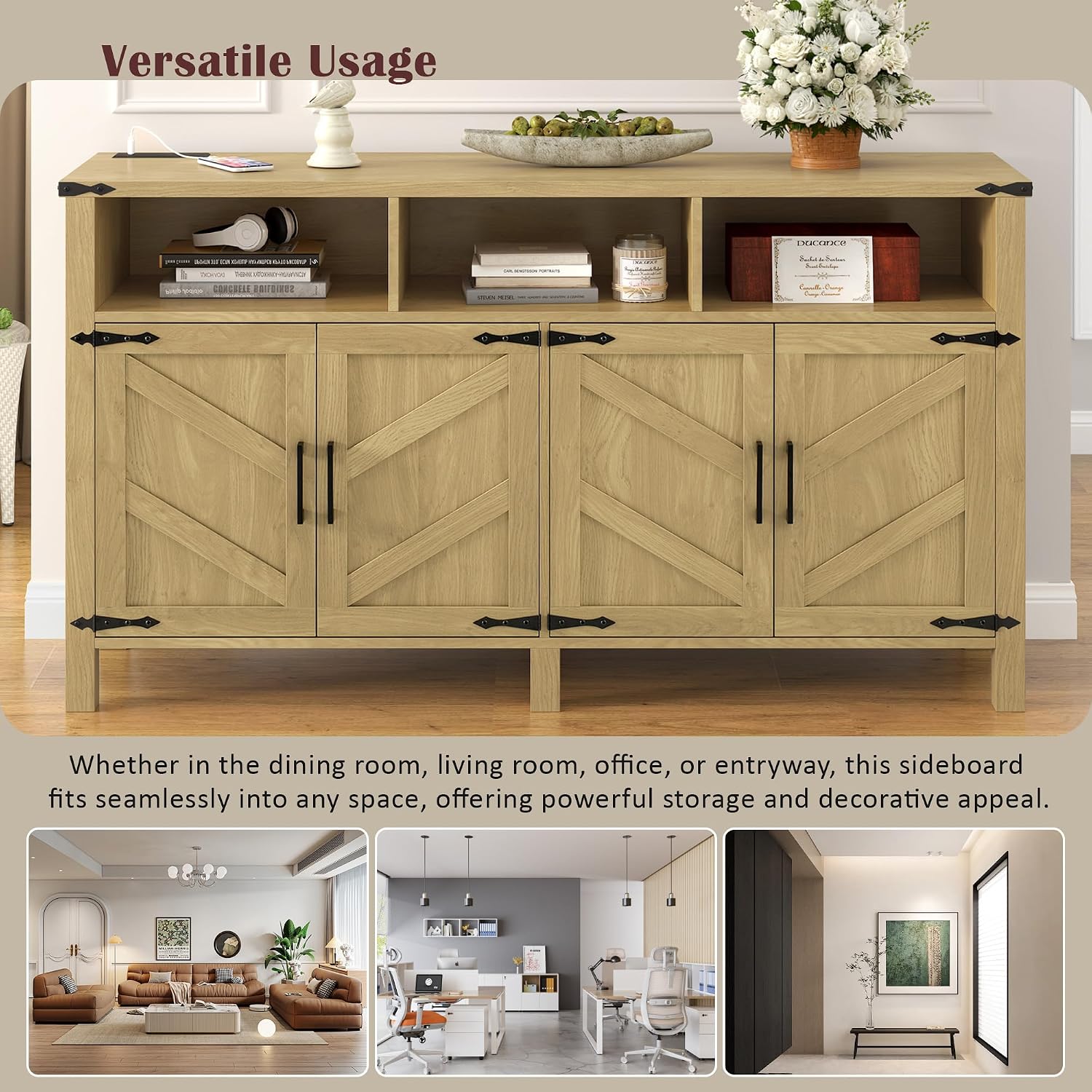 59' Modern Freestanding Storage Cabinet, Kitchen Storage Bakers Rack with Power Outlets, Utility Food Cupboard with Adjustable Shelves for Dining Room Living Room, Natural Wood