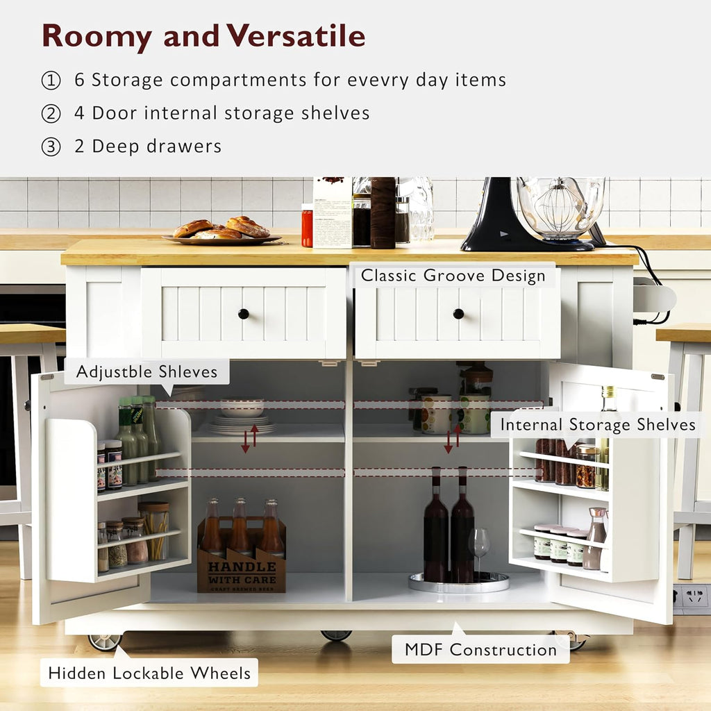 48 inch Rolling Kitchen Island Storage Cart on 5 Wheels with Drop Leaf, 2 Bar Stools, Power Outlet, Door Internal Storage Rack, 5 Open Side Racks, 2 Drawers for Dining Room, Home Bar White