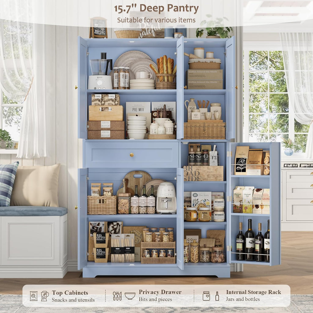 HOSTACK 68' Tall Kitchen Pantry Storage Cabinet, Modern Kitchen Hutch Cabinet with Doors and Shelves, Freestanding Food Pantry with Large Storage Drawer for Dining Room, Living Room, Light Blue
