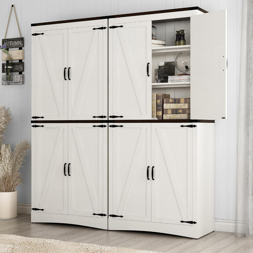 Hlivelood 71' Tall Kitchen Pantry,Farmhouse Storage Cabinet with Adjustable Shelves,Load-Bearing Steel Pipe,Farmhouse Pantry Cabinet with 4 Barn Doors,for Kitchen,Dining Room,Living Room(Rustic White)