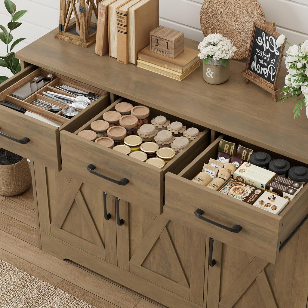 HOSTACK Modern Farmhouse Buffet Sideboard Cabinet, Barn Doors Storage Cabinet with Drawers and Shelves, Wood Coffee Bar Station for Dining Room, Kitchen, Living Room, Rustic Brown