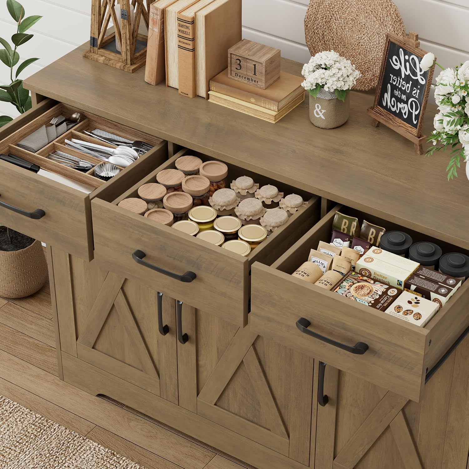 HOSTACK Modern Farmhouse Buffet Sideboard Cabinet, Barn Doors Storage Cabinet with Drawers and Shelves, Wood Coffee Bar Station for Dining Room, Kitchen, Living Room, Rustic Brown