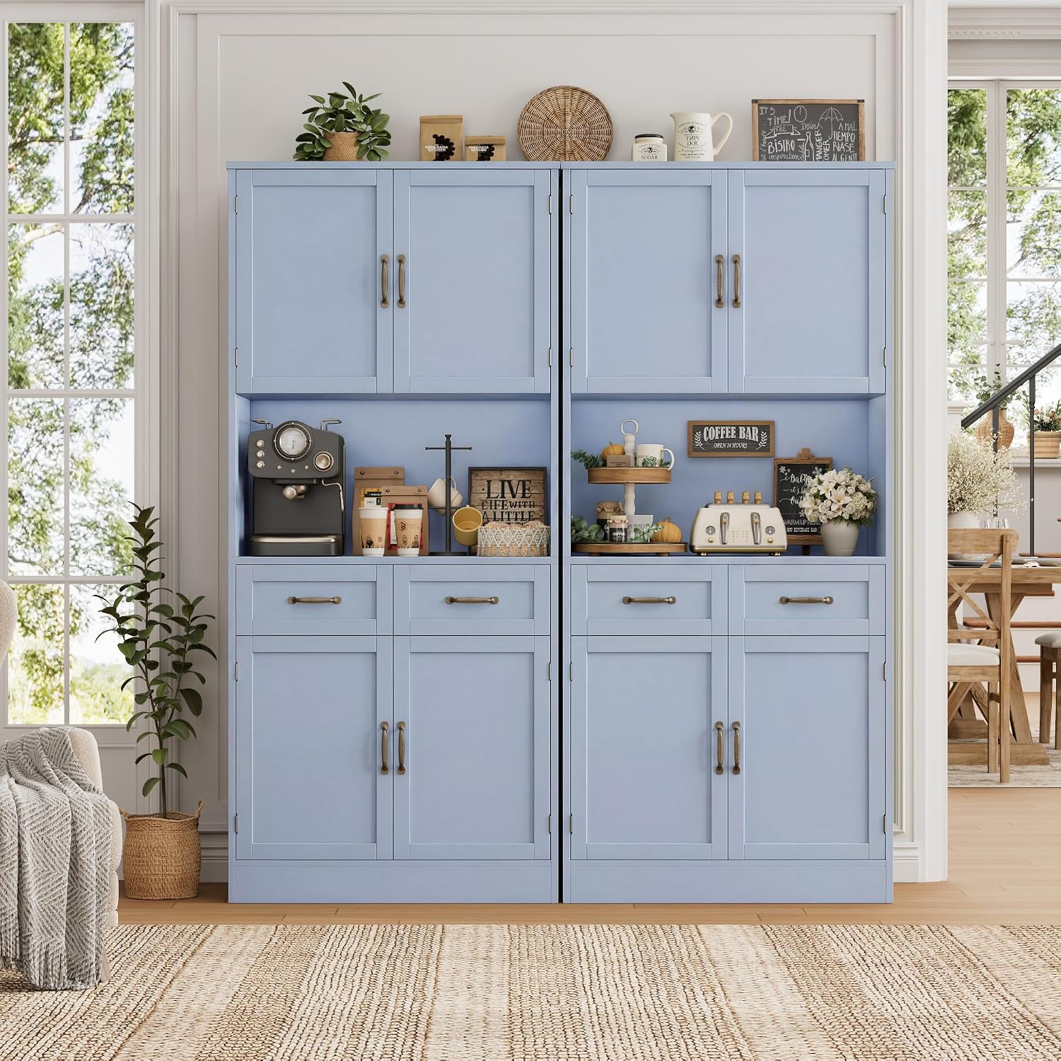 HOSTACK 71' Tall Kitchen Pantry Storage Cabinet, Modern Kitchen Hutch Bar Cabinet with Microwave Stand, Wood Buffet Sideboard with Hutch, Cupboard with Drawers, Shelves for Dining Room, Light Blue