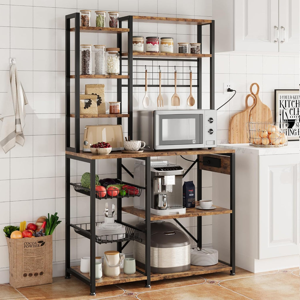 GAOMON 7-Tier Bakers Rack, Industrial Microwave Stand with 2 Metal Wire Baskets & Power Strip, Coffee Bar Organizer with Large Storage Shelves for Pots & Dishes, Kitchen Storage Rack, Brown