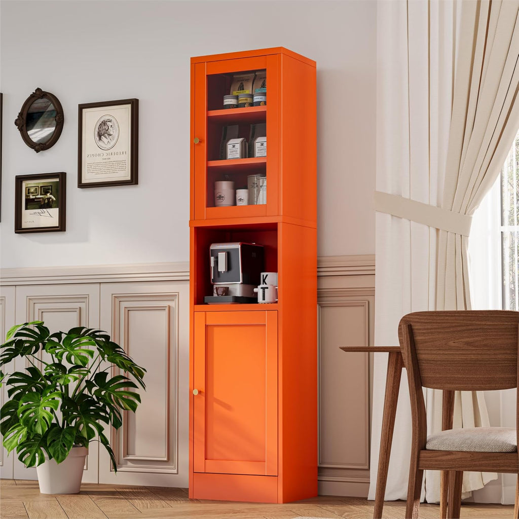 YAUWOH 2-Door Metal Storage Cabinet, Tall Slim Pantry Organizer with 3 Adjustable Shelves (120LBS/Shelf), Anti-Tipping Waterproof Cabinet for Bathroom/Kitchen/Home Office/Small Spaces,(1PC,Orange)
