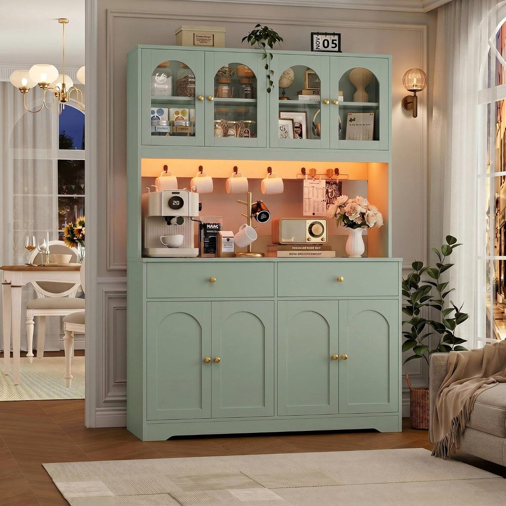 HIFIT 71' LED Kitchen Pantry Cabinet with Power Outlet, Large Kitchen Hutch Cabinet with 2 Storage Drawers & Arched Door, Countertop & Hooks, Tall China Bar for Dining Living Room (Green)