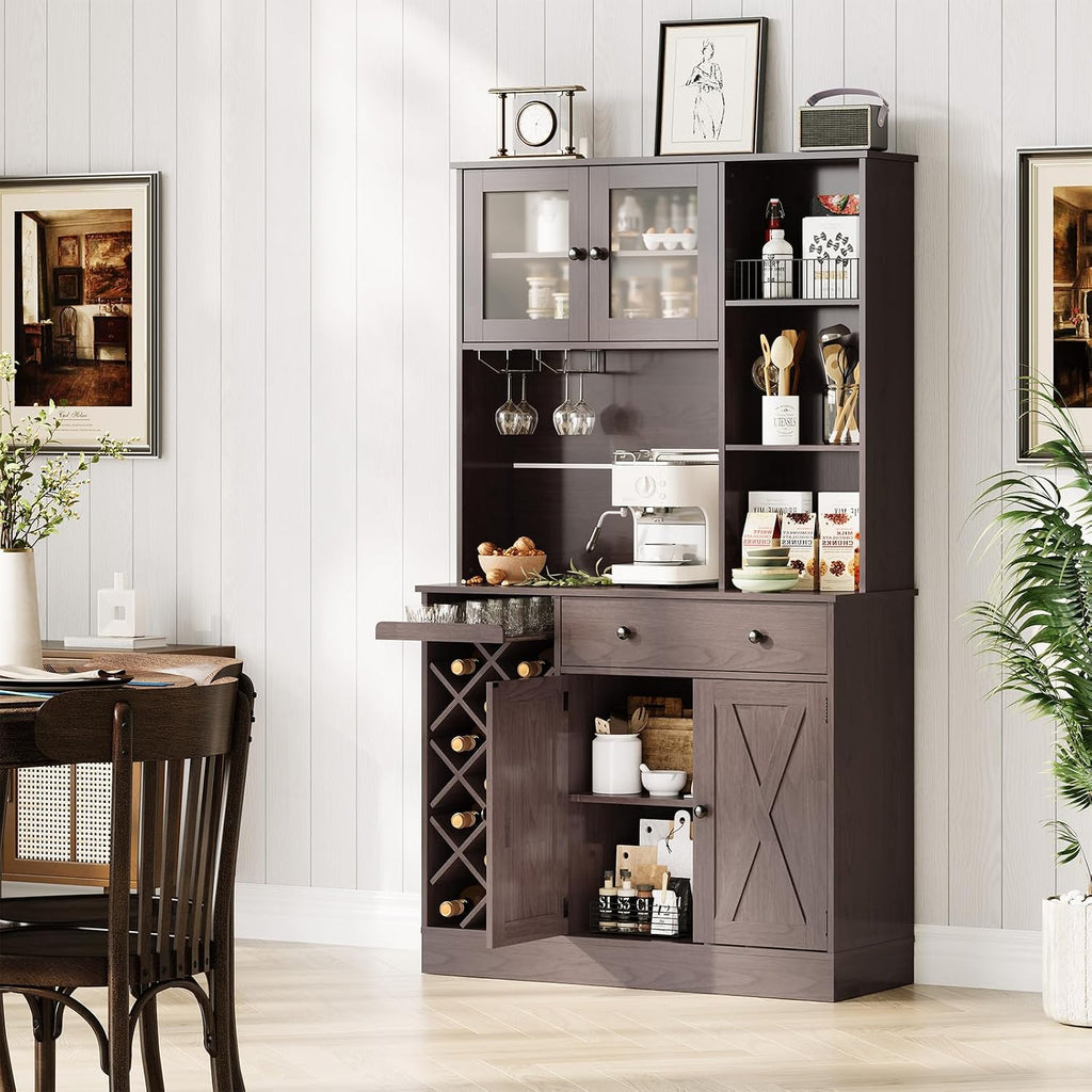 Coffee Bar Cabinet with Power Outlet & Exquisite Barn Doors, Sideboard Buffet Cabinet with Wine Bottle Rack, Storage Cabinet for Kitchen, Dining Room