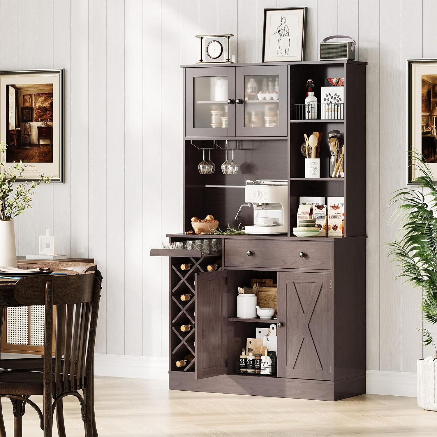Coffee Bar Cabinet with Power Outlet & Exquisite Barn Doors, 72'' Sideboard Buffet Cabinet with Wine Bottle Rack, Large Kitchen Buffet with Storage and Wine Rack for Kitchen, Dining Room, Living Room