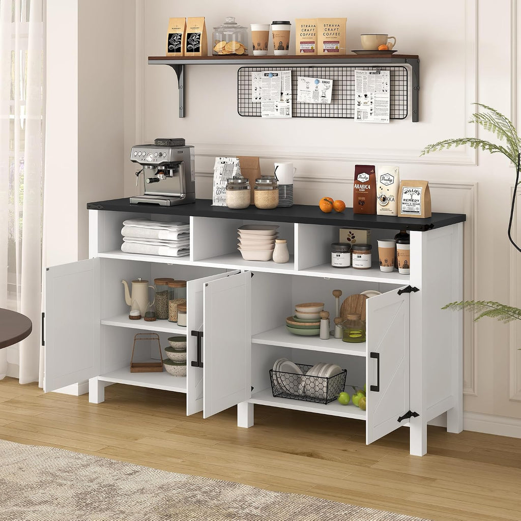 59' Modern Freestanding Storage Cabinet, Kitchen Storage Bakers Rack with Power Outlets, Utility Food Cupboard with Adjustable Shelves for Dining Room Living Room, White+Black