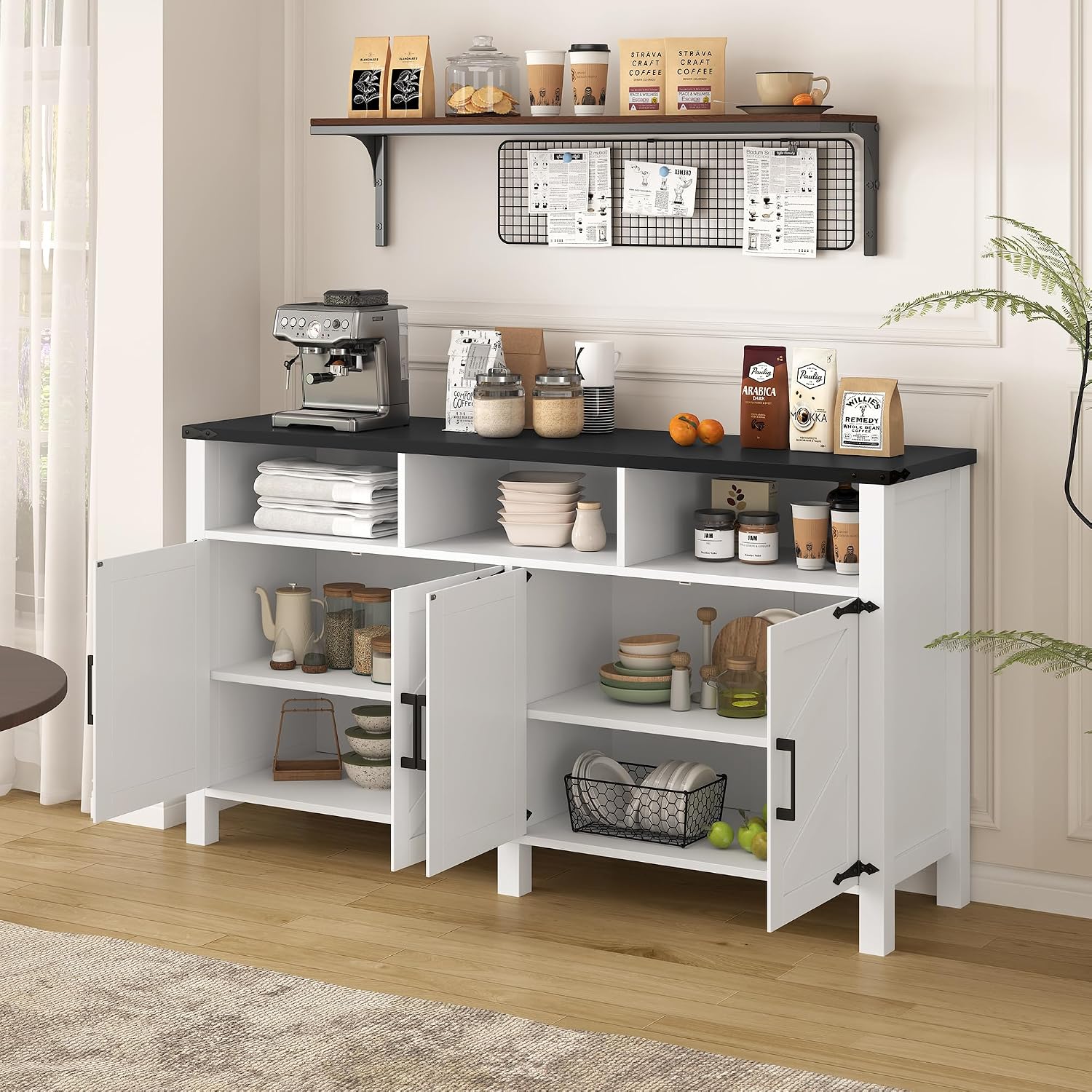 59' Modern Freestanding Storage Cabinet, Kitchen Storage Bakers Rack with Power Outlets, Utility Food Cupboard with Adjustable Shelves for Dining Room Living Room, White+Black