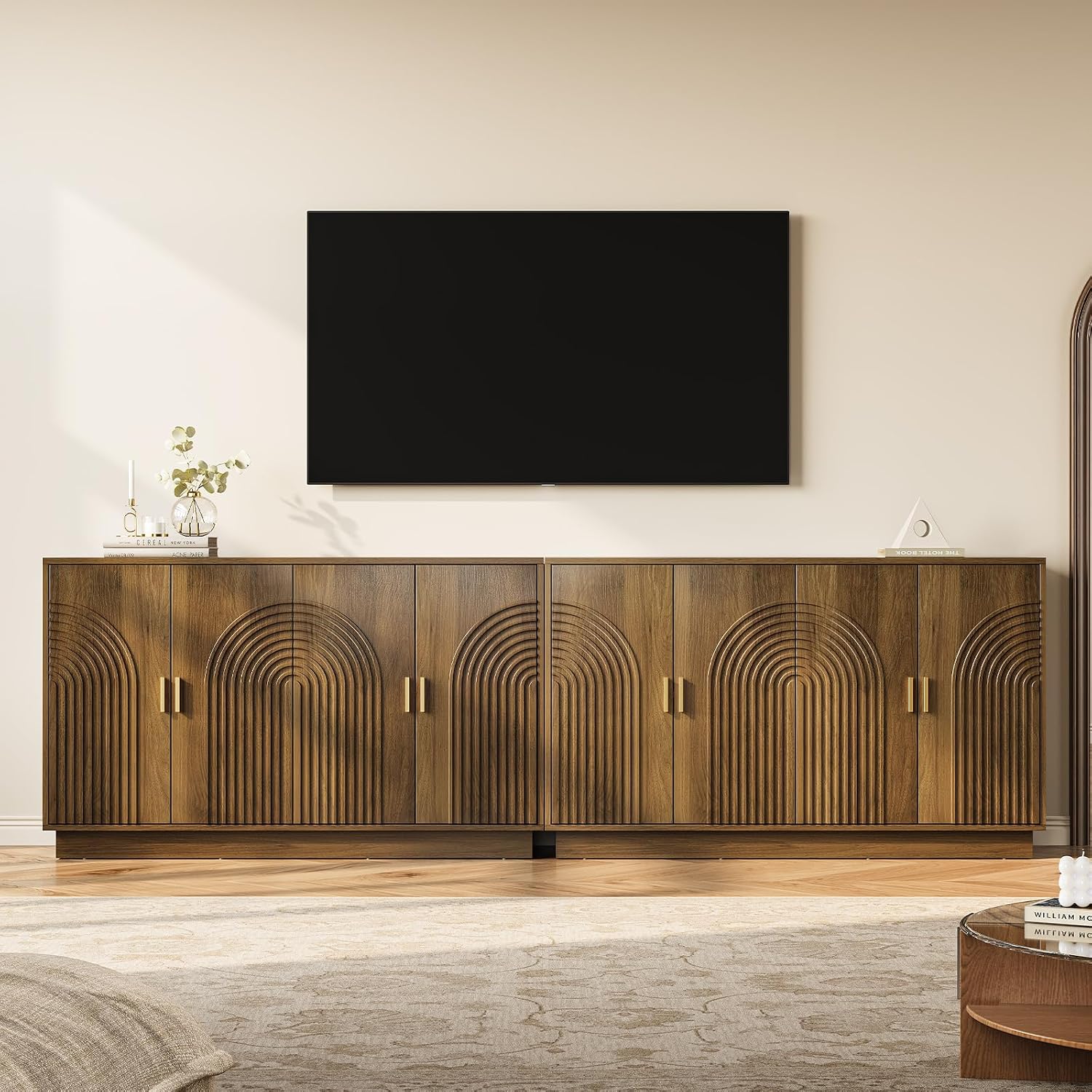 Fluted Sideboard Buffet Cabinet with Storage - 57' Credenza Coffee Bar Cabinet with 4 Doors, Accent Kitchen Storage Cabinets with Adjustable Shelves for Living Room & Kitchen, Entryway, Walnut