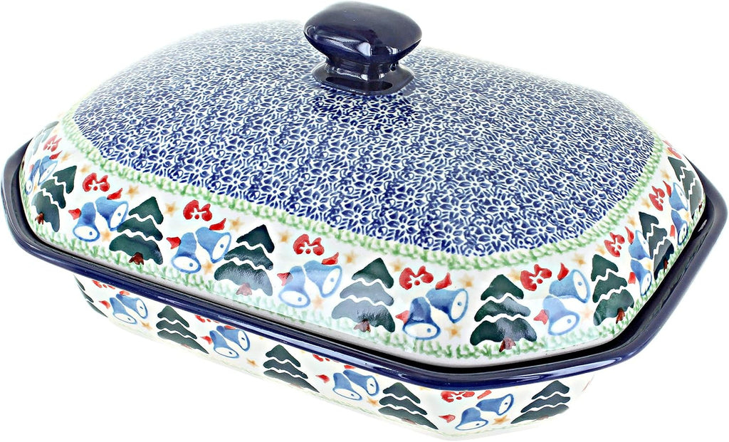 Blue Rose Polish Pottery - Winter Bells Medium Covered Baker - 3 Cup Capcaity - Ceramic Baking Dish, Festive Design, Perfect Christmas Gift