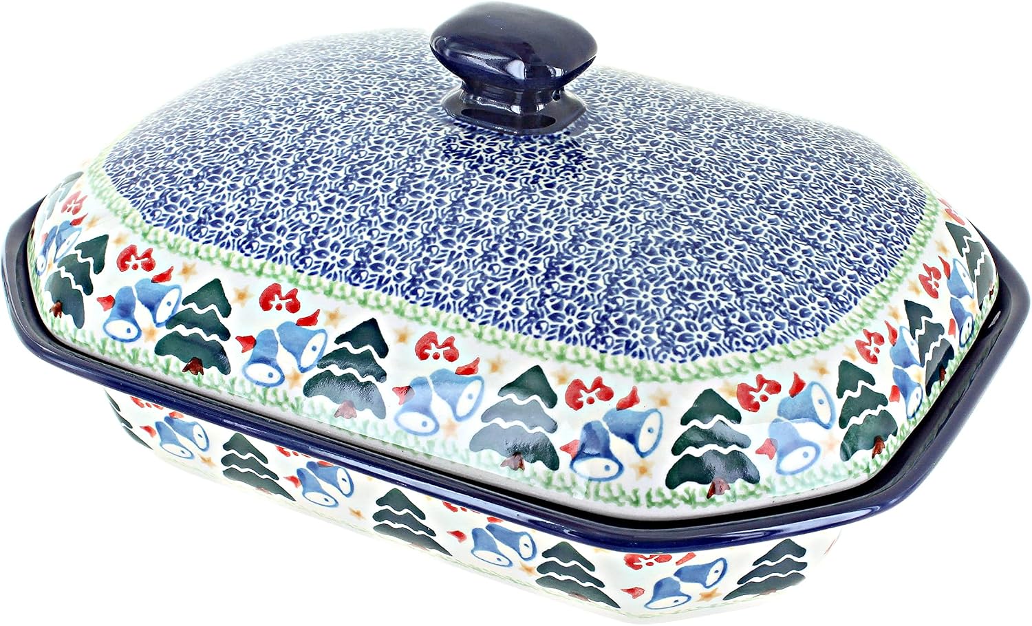 Blue Rose Polish Pottery - Winter Bells Medium Covered Baker - 3 Cup Capcaity - Ceramic Baking Dish, Festive Design, Perfect Christmas Gift