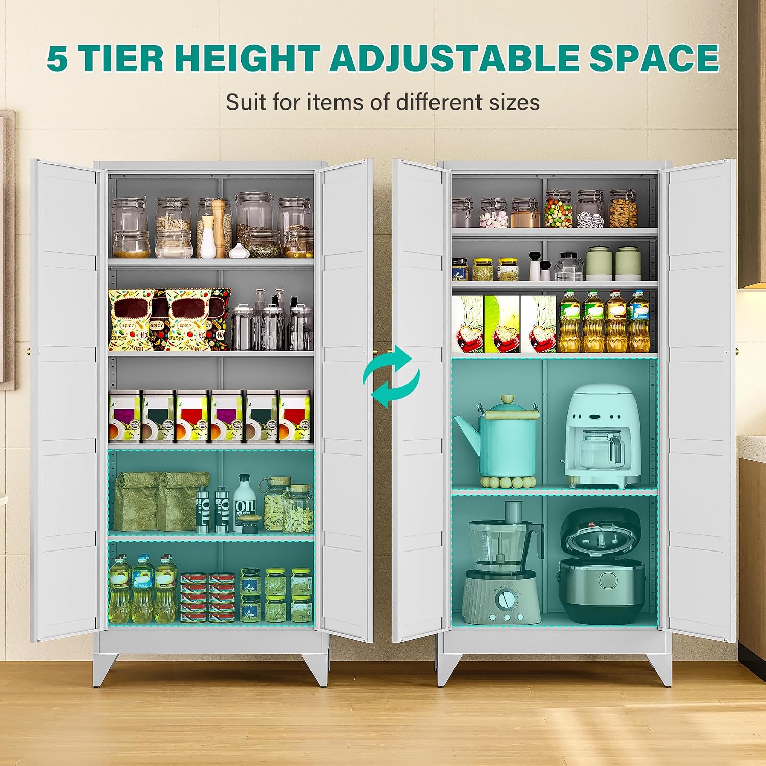 SISESOL Wide & Deep Pantry Storage Cabinet with 2 Doors and 5 Shelves,72 inch Tall Metal Storage Cabinet,Large Cupboard,White Cabinets for Home,Kitchen,Bathroom,Dining/Living Room