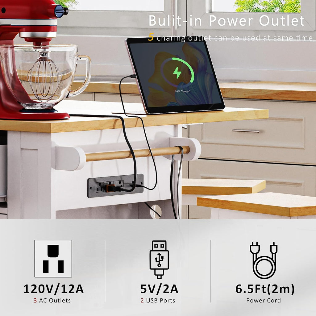 Large Kitchen Island Cart on 5 Wheels with 2 Bar Stools, Power Outlet, 3 Drawers, Kitchen Storage Cart with 5 Open Side Racks, Drop Leaf for Kitchen, Dining Room, Home Bar White