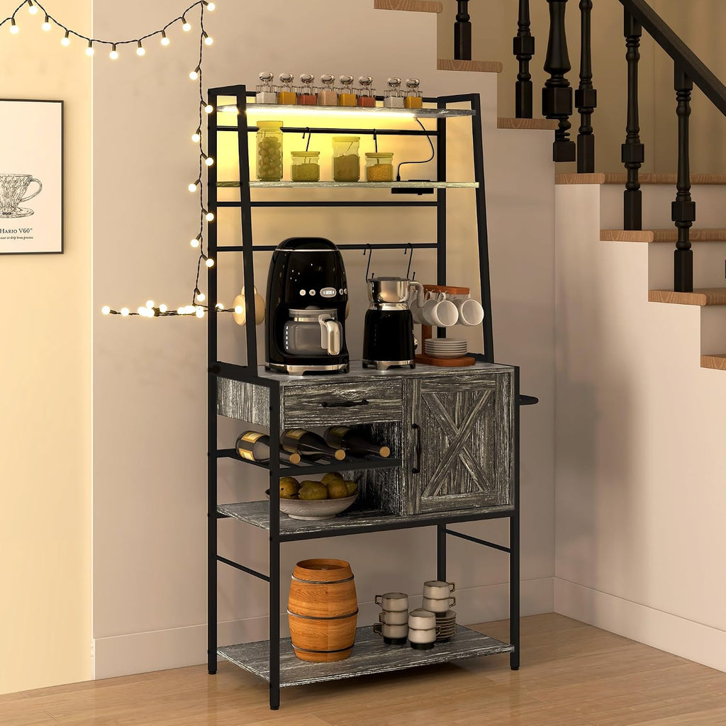 Baker's Rack with Power Outlet and LED Lights, Coffee Bar with Storage Shelves, Industrial Microwave Stand with Wine Bottle Rack, Drawer, Barn Door Cabinet, Distressed Gray